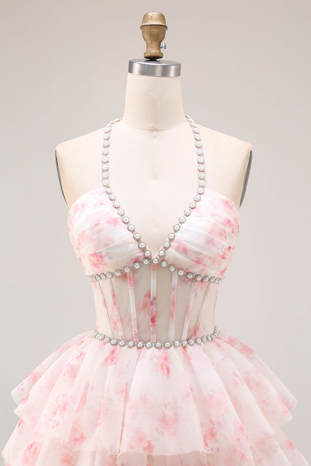 Halter A-Line Candy Pink Corset Floral Tiered Ruffle Long Prom Dress with Pearls