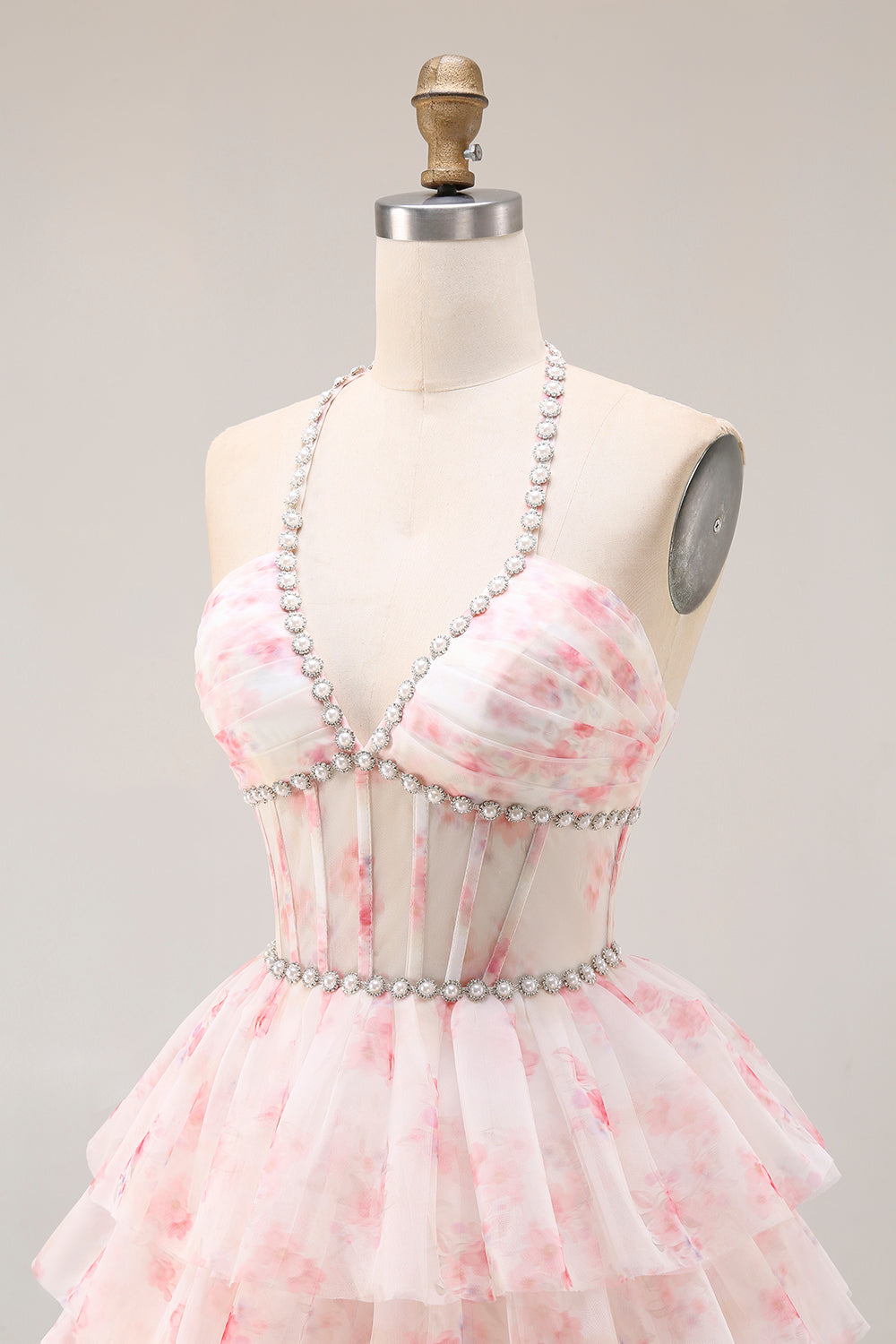 Halter A-Line Candy Pink Corset Floral Tiered Ruffle Long Prom Dress with Pearls