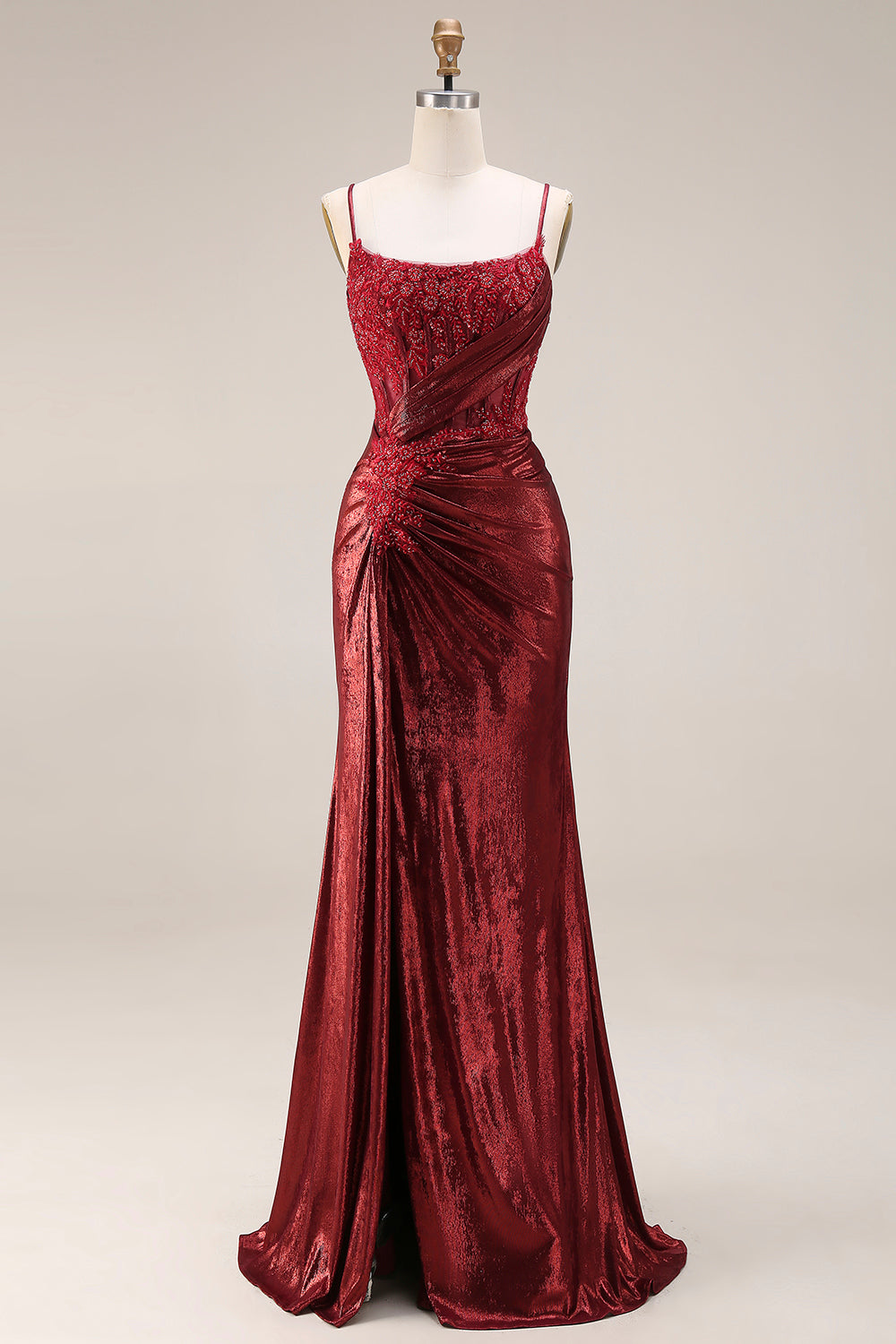 Dark Red Beaded Mermaid Ruched Lace Up Back Long Prom Dress with Slit