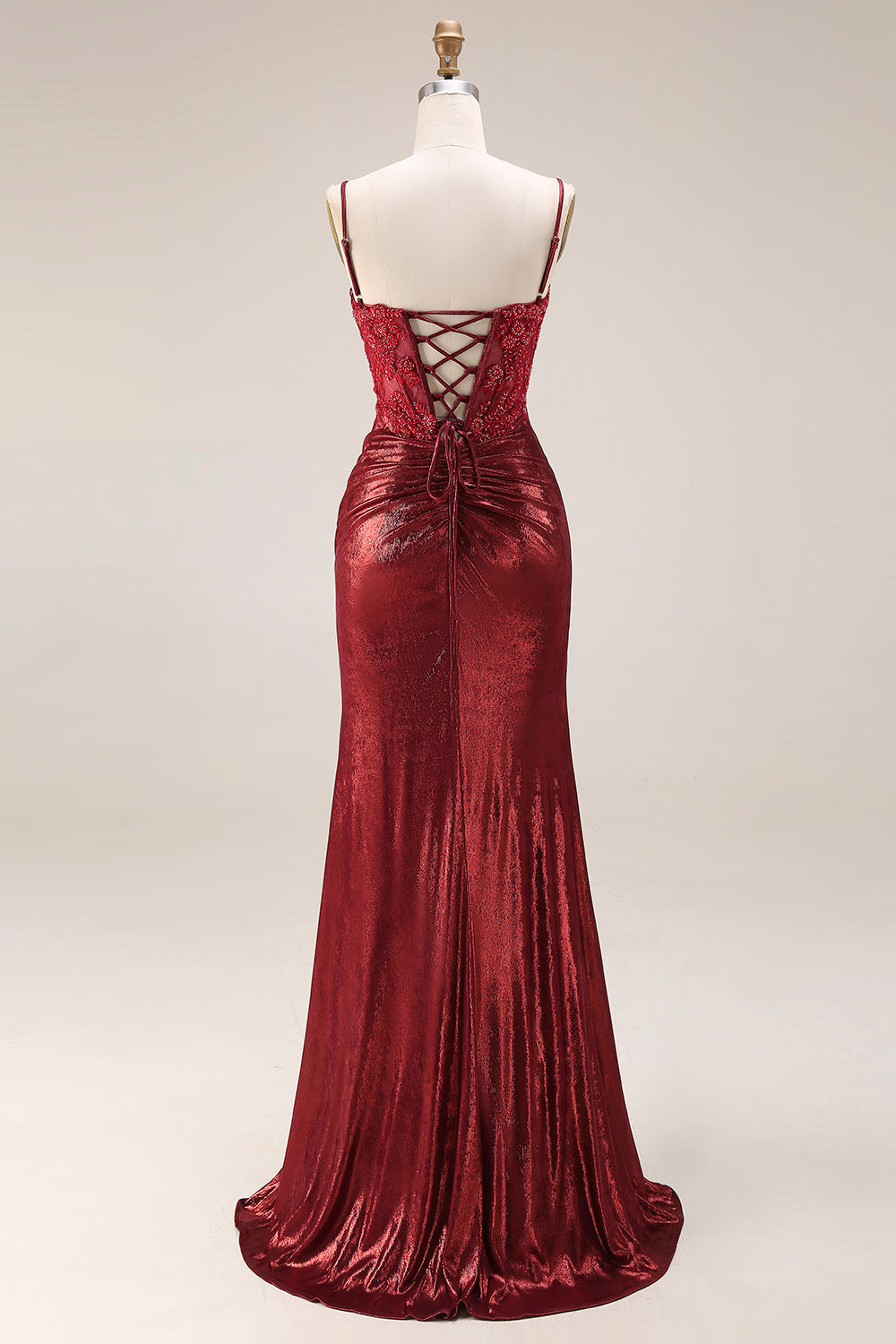 Dark Red Beaded Mermaid Ruched Lace Up Back Long Prom Dress with Slit