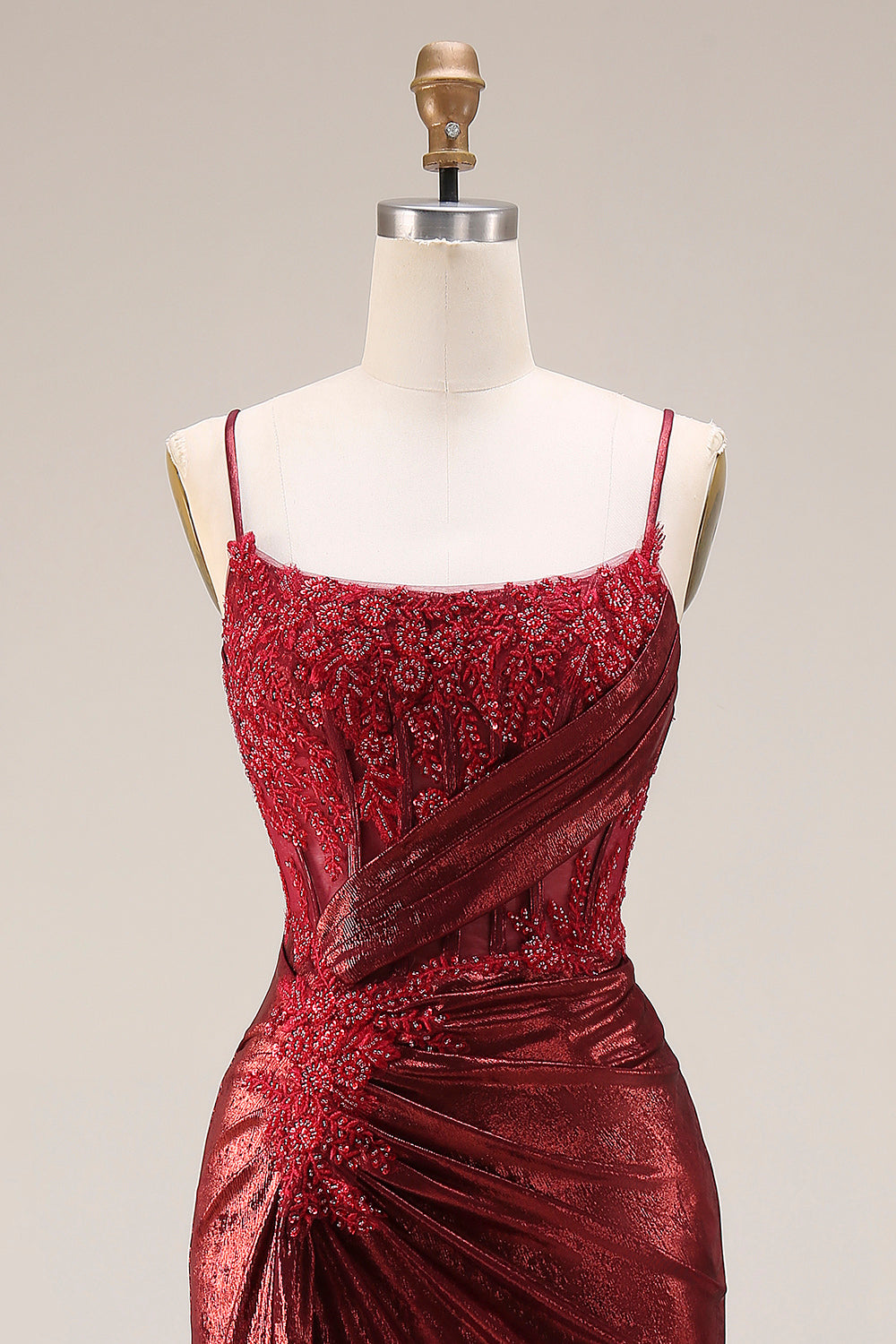 Dark Red Beaded Mermaid Ruched Lace Up Back Long Prom Dress with Slit