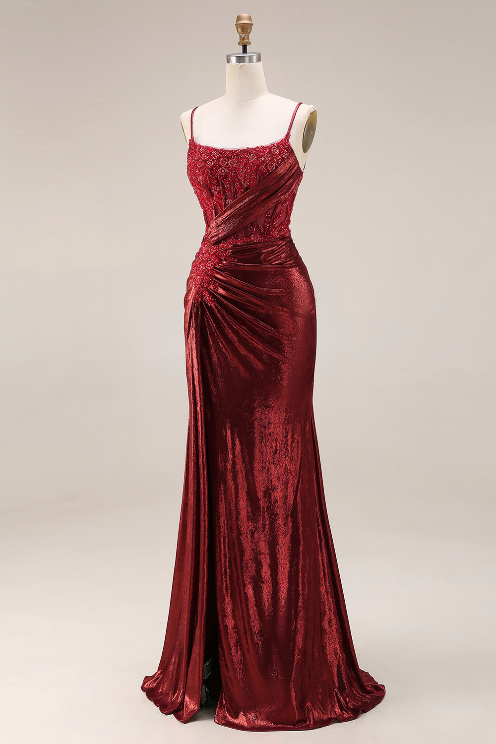 Dark Red Beaded Mermaid Ruched Lace Up Back Long Prom Dress with Slit