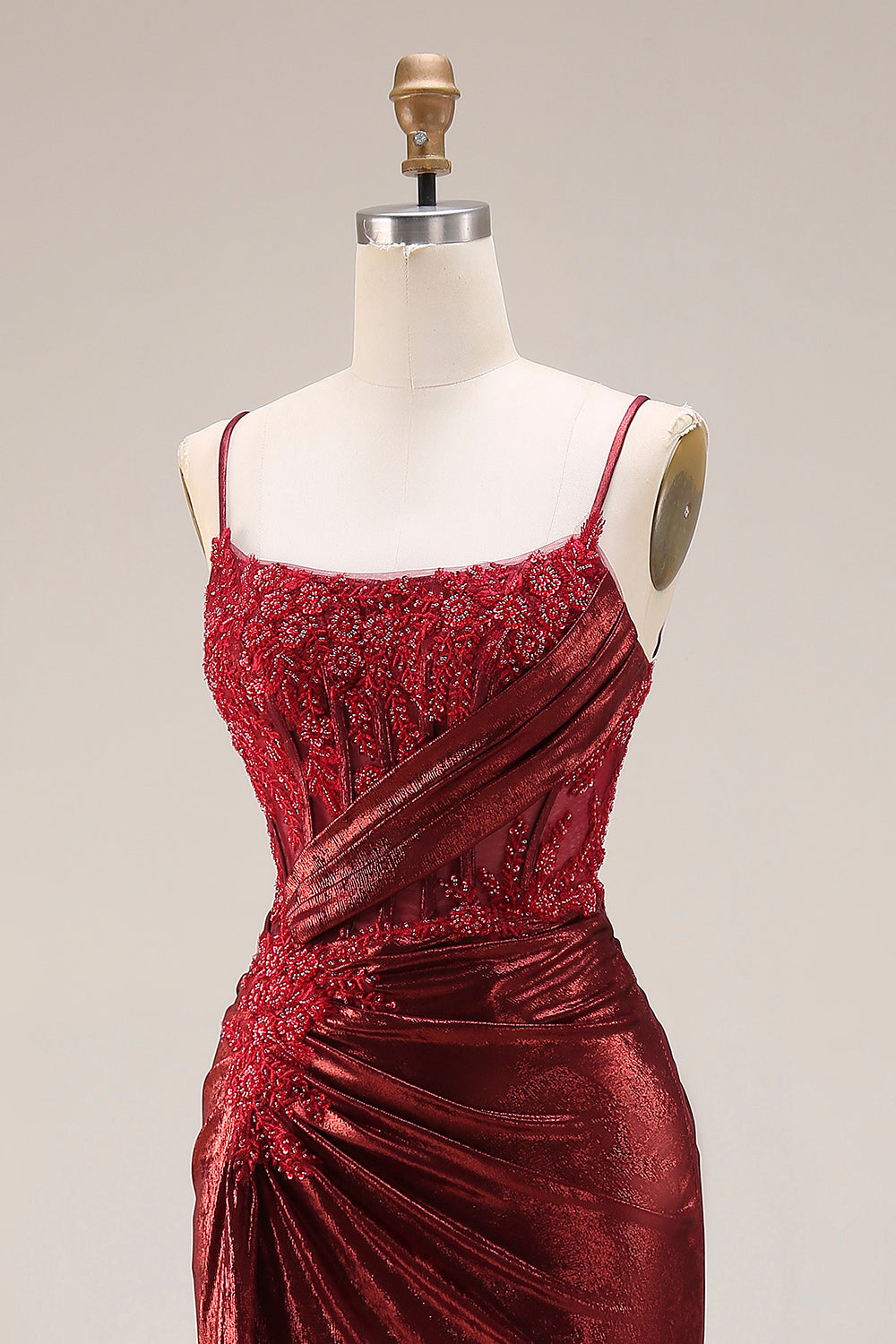 Dark Red Beaded Mermaid Ruched Lace Up Back Long Prom Dress with Slit