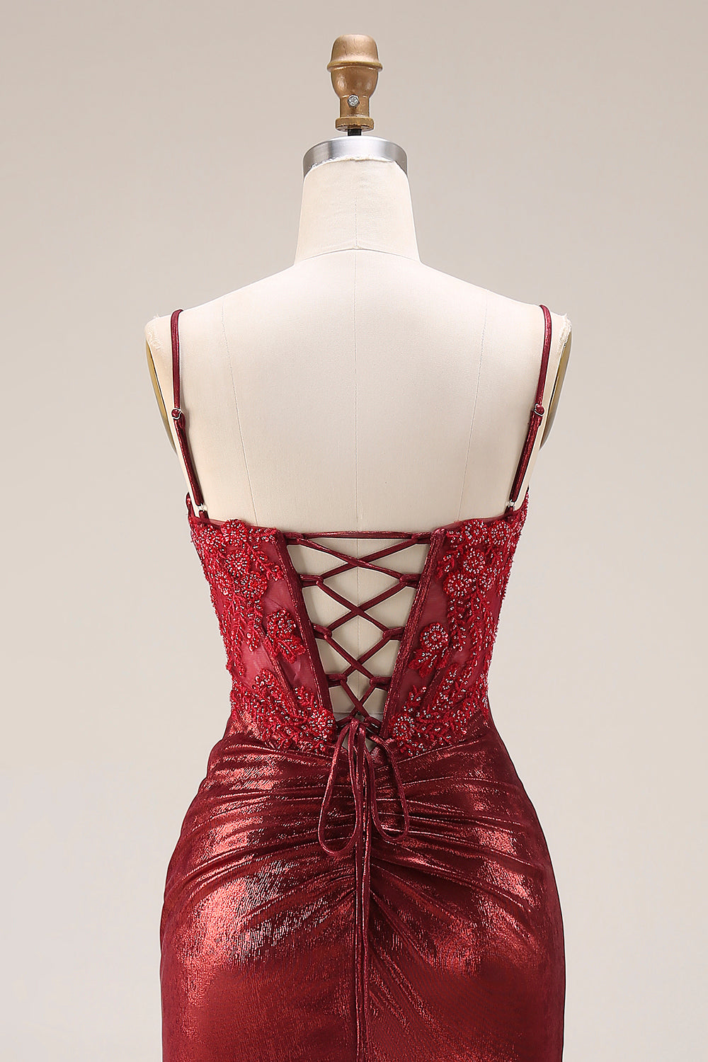 Dark Red Beaded Mermaid Ruched Lace Up Back Long Prom Dress with Slit