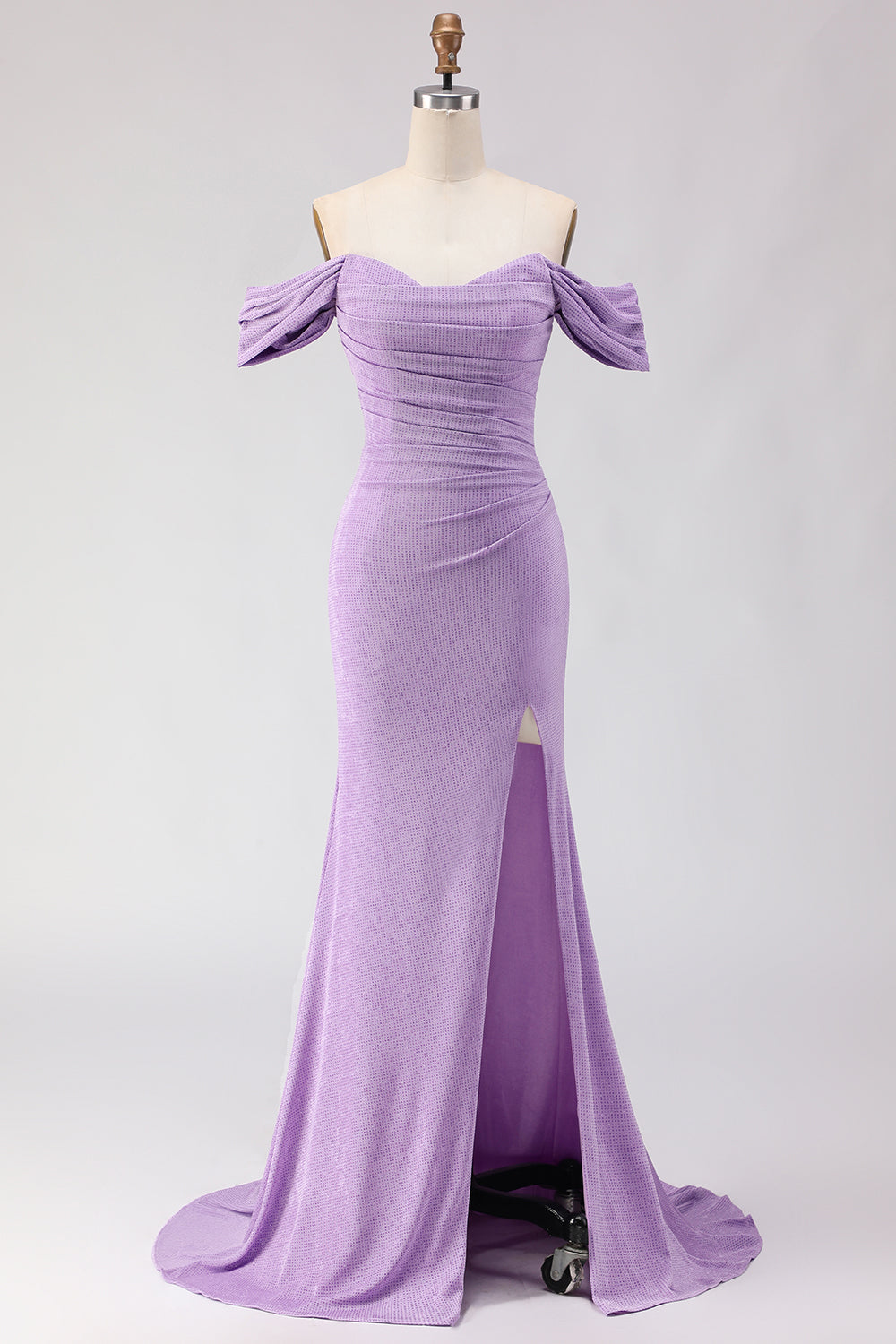 Off-The-Shoulder Ruched Mermaid Beaded Purple Long Prom Dress with Slit