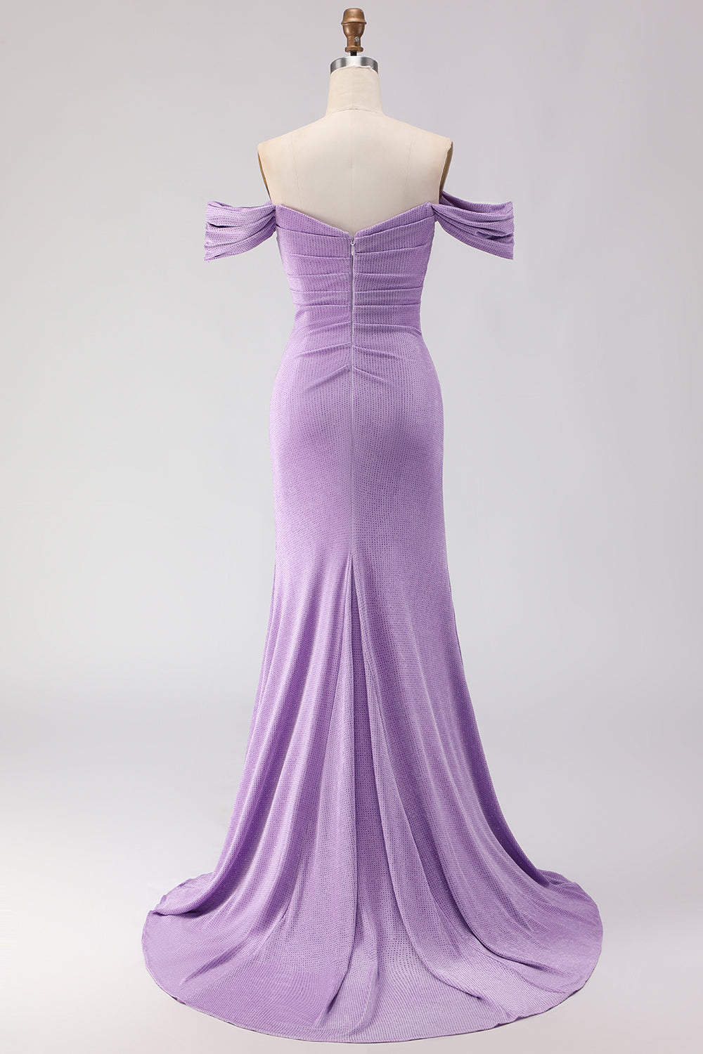 Off-The-Shoulder Ruched Mermaid Beaded Purple Long Prom Dress with Slit