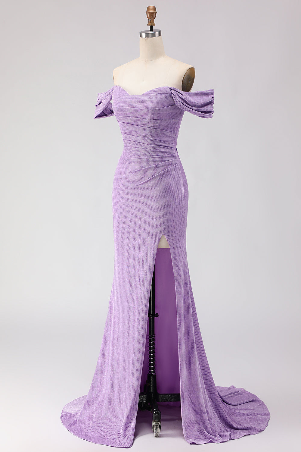 Off-The-Shoulder Ruched Mermaid Beaded Purple Long Prom Dress with Slit