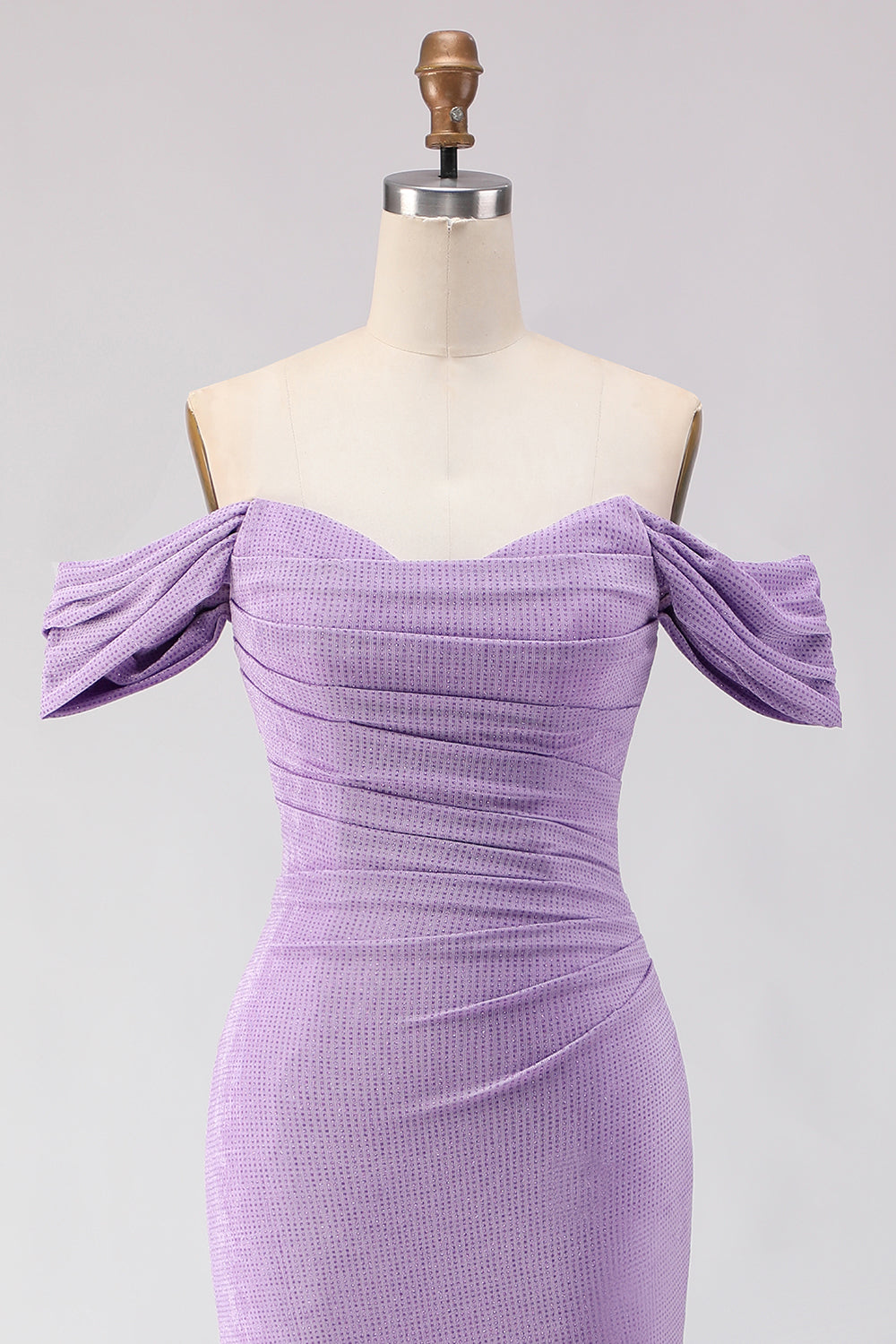 Off-The-Shoulder Ruched Mermaid Beaded Purple Long Prom Dress with Slit
