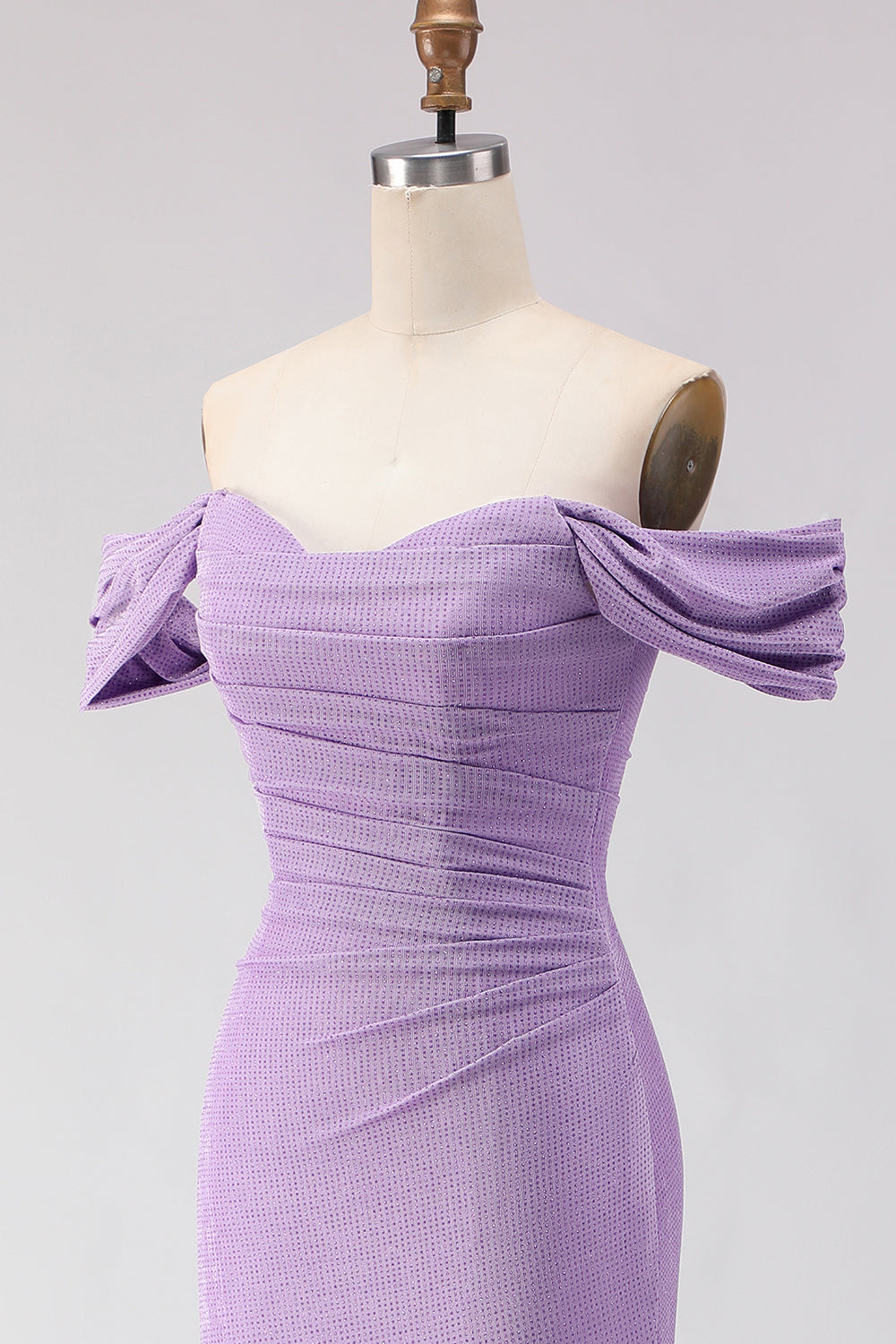 Off-The-Shoulder Ruched Mermaid Beaded Purple Long Prom Dress with Slit
