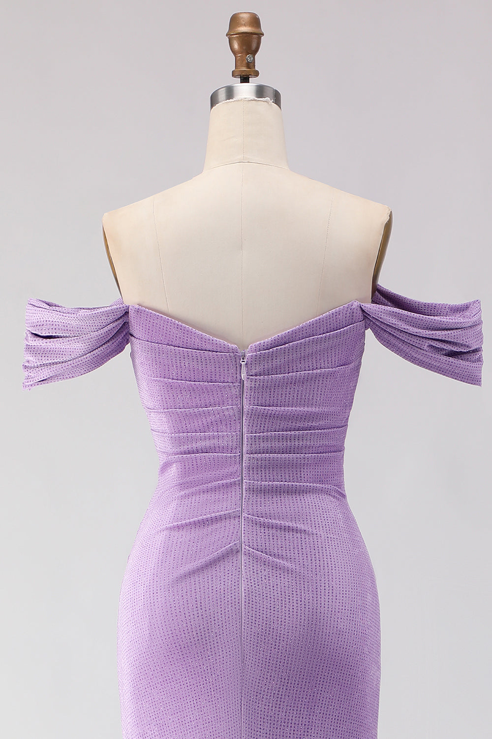 Off-The-Shoulder Ruched Mermaid Beaded Purple Long Prom Dress with Slit