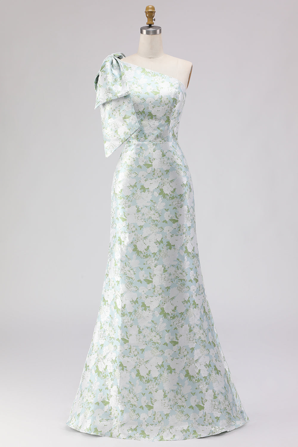 Robe longue de demoiselle d'honneur asymétrique à imprimé sirène à fleur bleue et blanche avec nœud