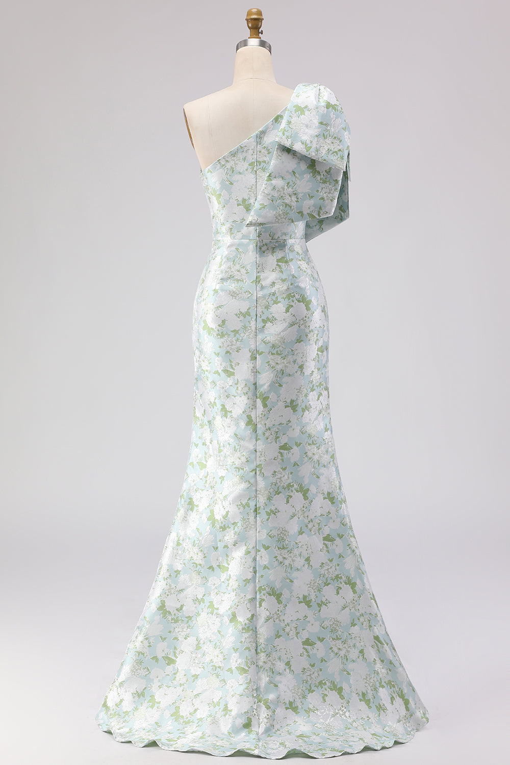Robe longue de demoiselle d'honneur asymétrique à imprimé sirène à fleur bleue et blanche avec nœud