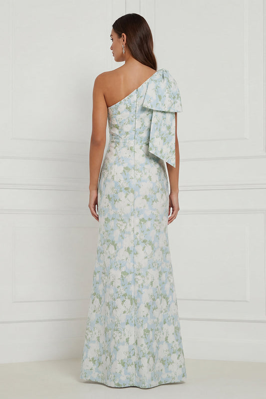 Blue White Flower Mermaid One-Shoulder Print Long Bridesmaid Dress with Bow