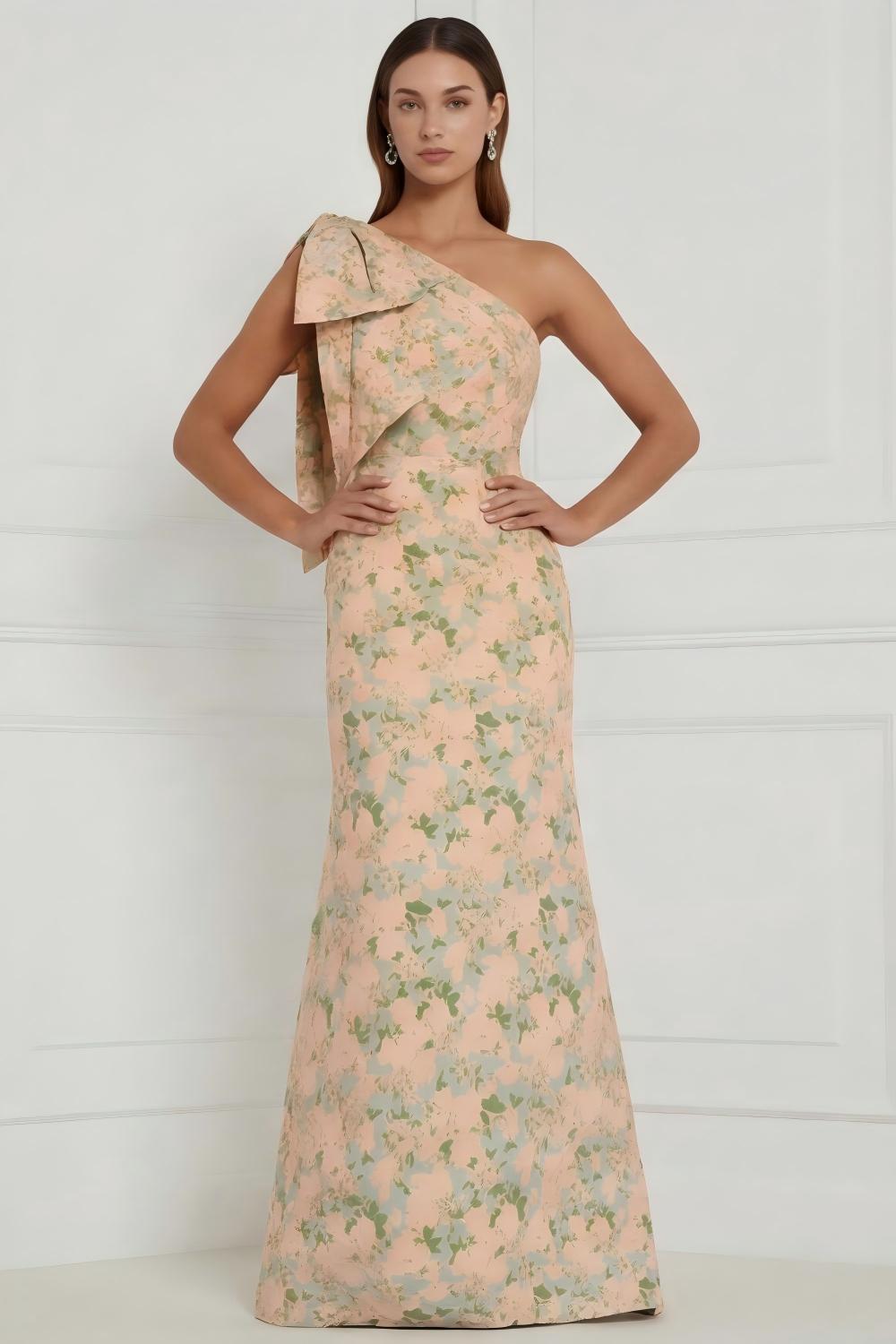 Robe longue de demoiselle d'honneur asymétrique à imprimé sirène à fleur bleue et blanche avec nœud