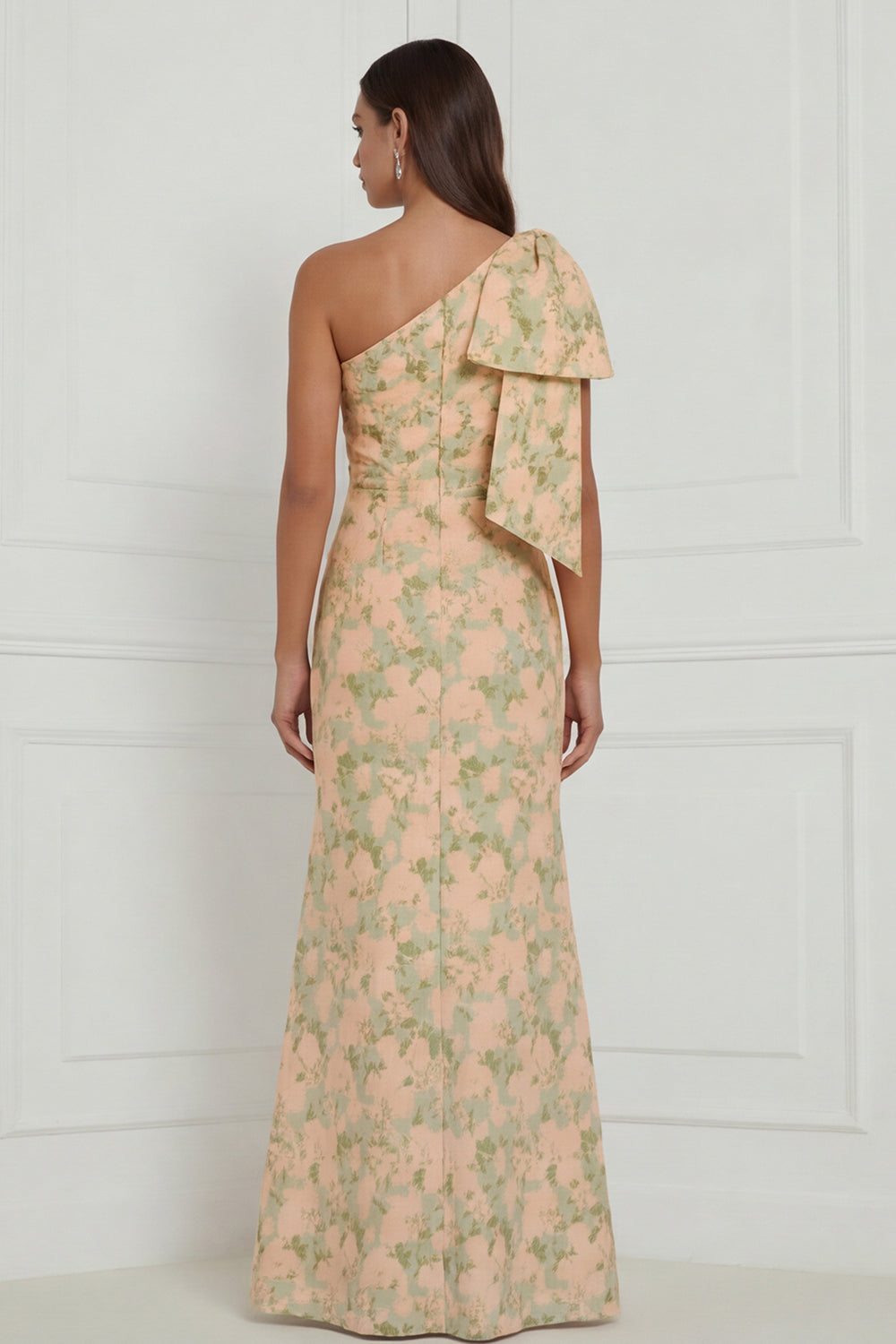 Robe longue de demoiselle d'honneur asymétrique à imprimé sirène à fleur bleue et blanche avec nœud