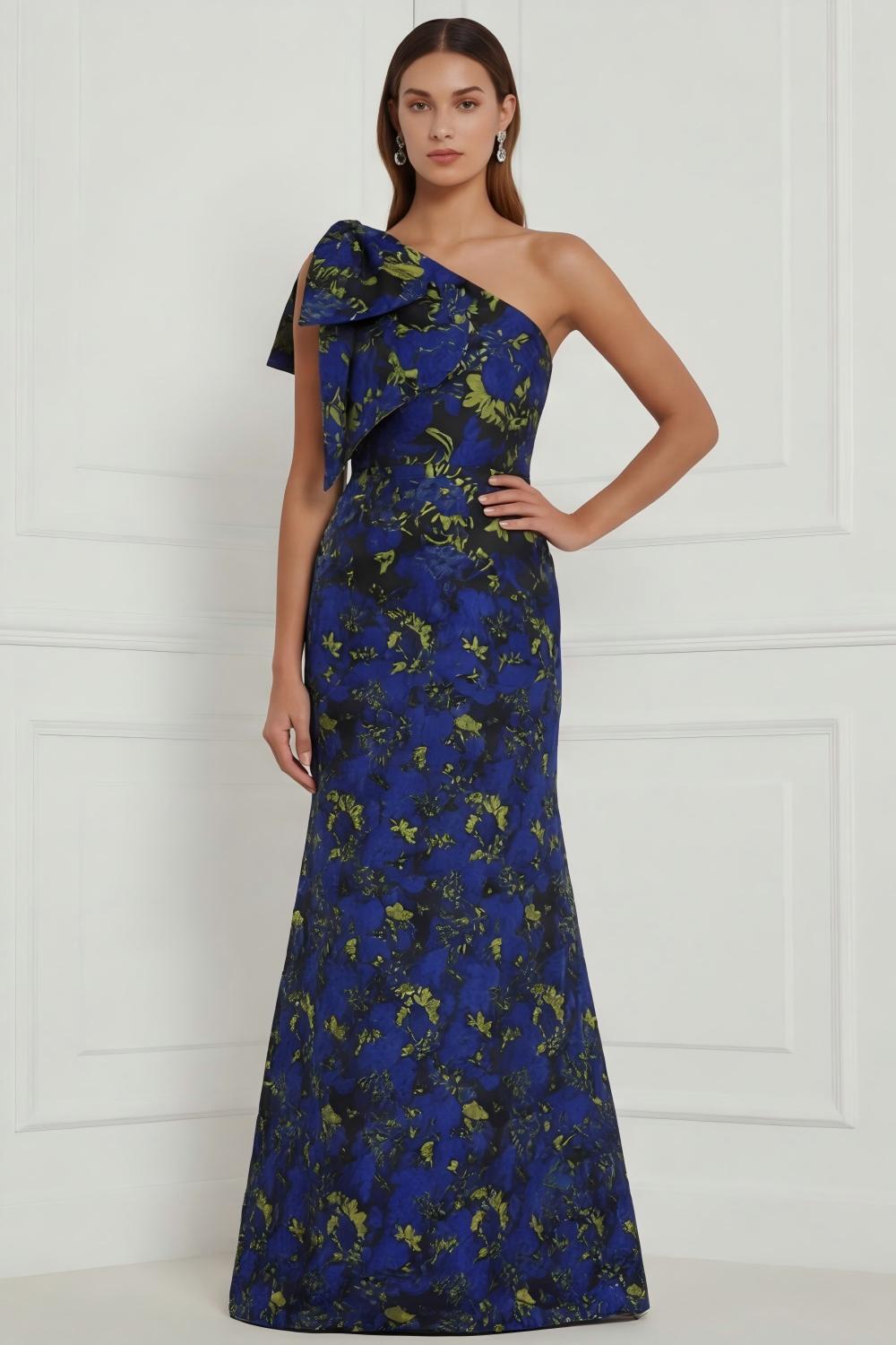 Robe longue de demoiselle d'honneur asymétrique à imprimé sirène à fleur bleue et blanche avec nœud
