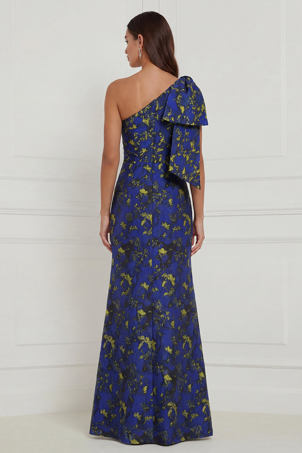 Robe longue de demoiselle d'honneur asymétrique à imprimé sirène à fleur bleue et blanche avec nœud