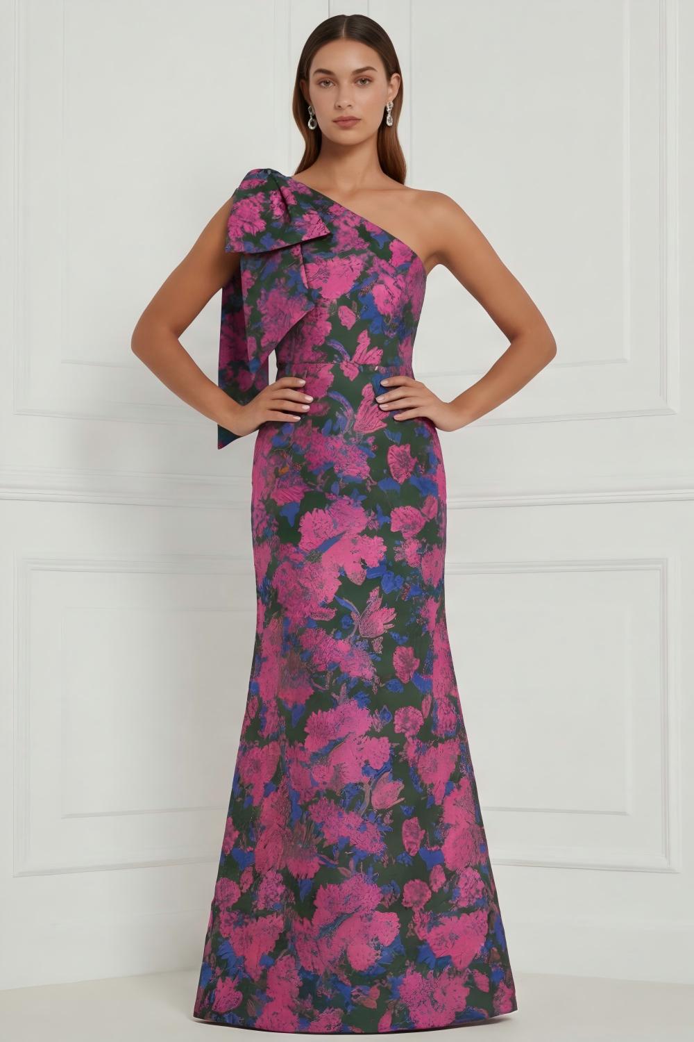 Robe longue de demoiselle d'honneur asymétrique à imprimé sirène à fleur bleue et blanche avec nœud