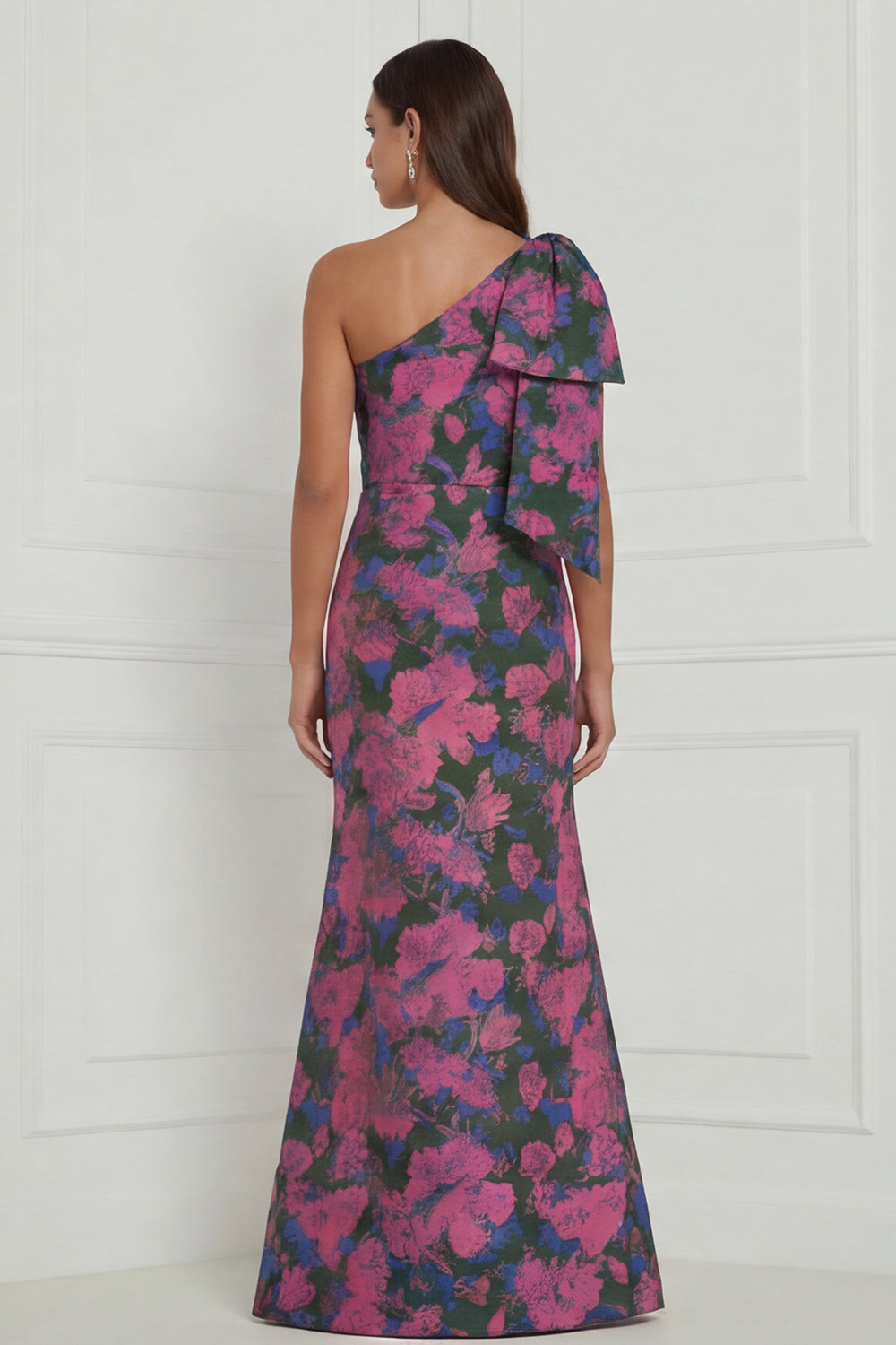 Robe longue de demoiselle d'honneur asymétrique à imprimé sirène à fleur bleue et blanche avec nœud