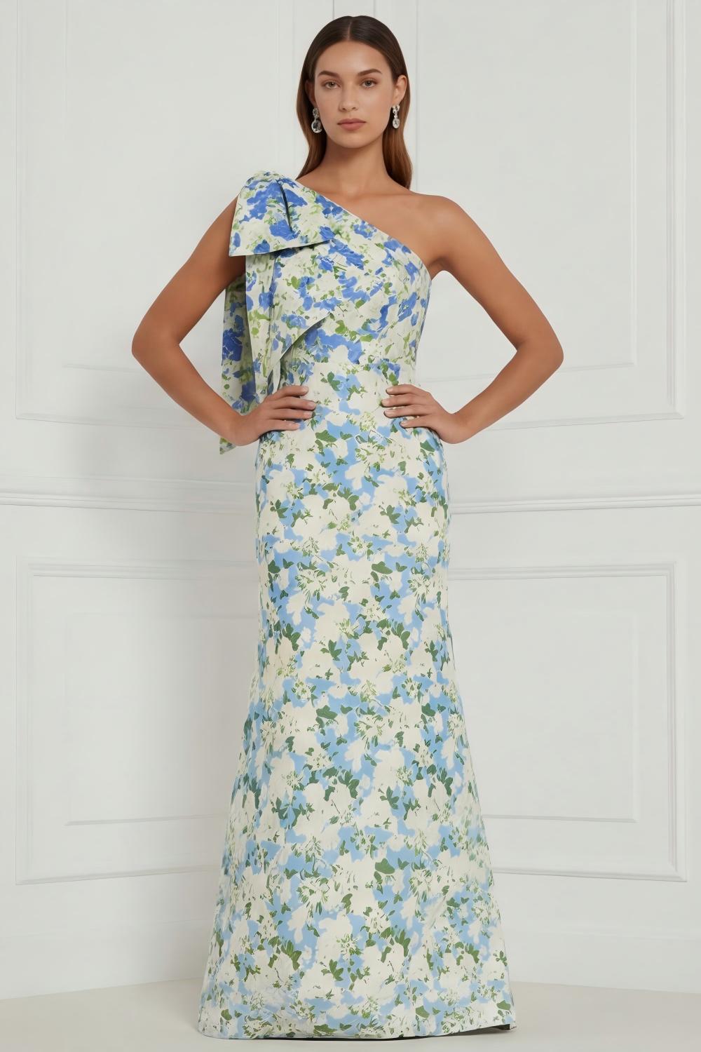 Robe longue de demoiselle d'honneur asymétrique à imprimé sirène à fleur bleue et blanche avec nœud