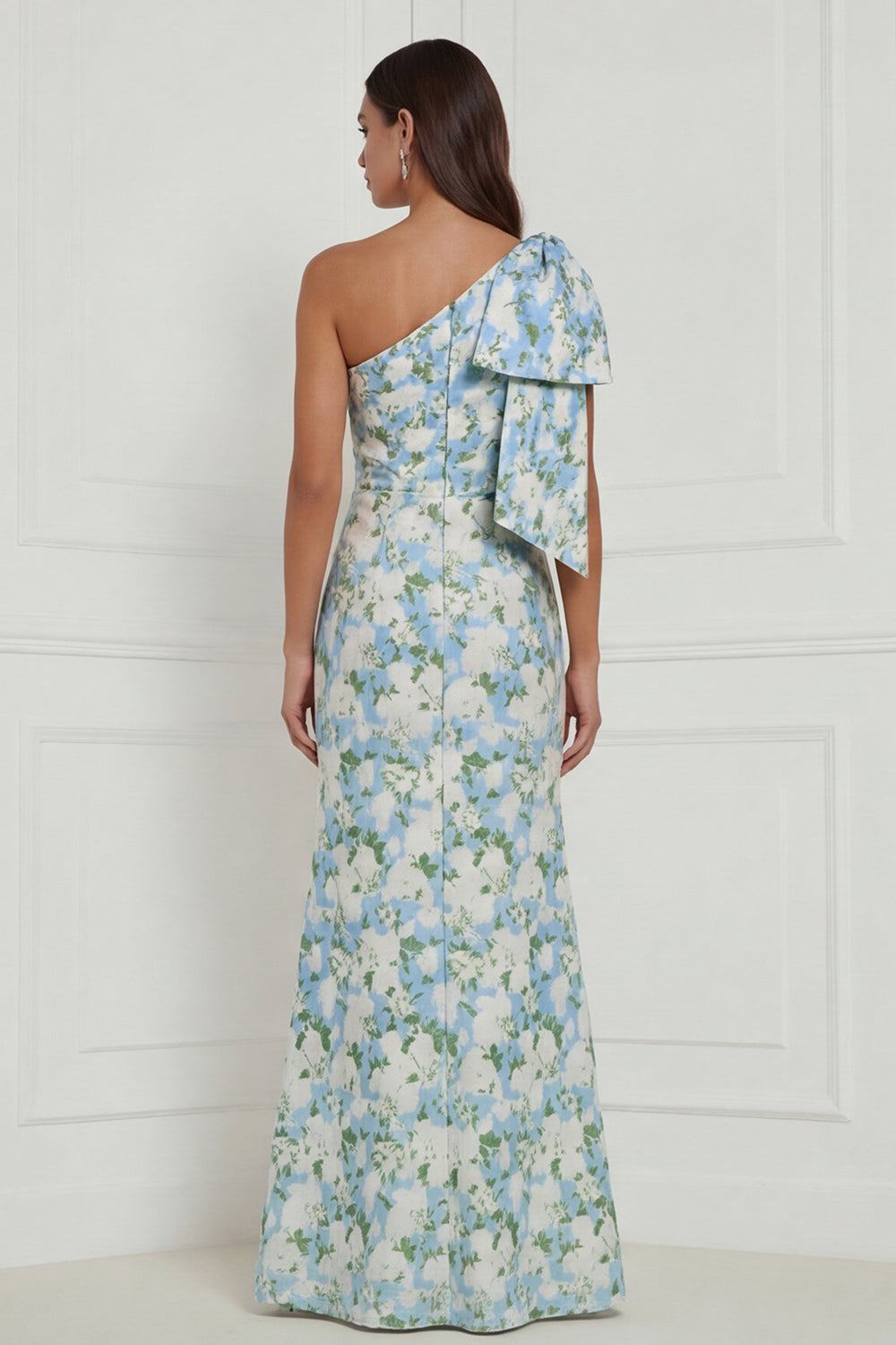 Robe longue de demoiselle d'honneur asymétrique à imprimé sirène à fleur bleue et blanche avec nœud