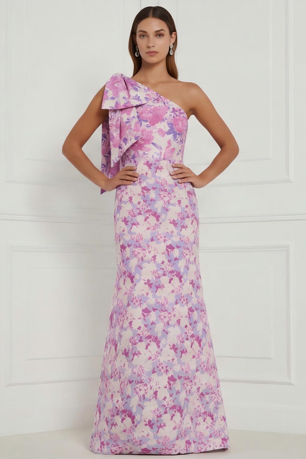 Robe longue de demoiselle d'honneur asymétrique à imprimé sirène à fleur bleue et blanche avec nœud