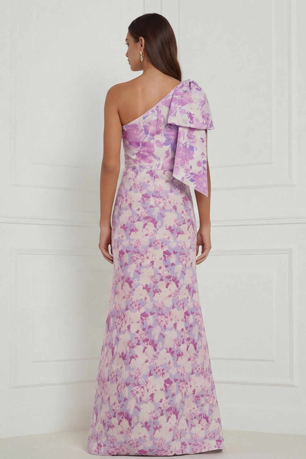 Robe longue de demoiselle d'honneur asymétrique à imprimé sirène à fleur bleue et blanche avec nœud