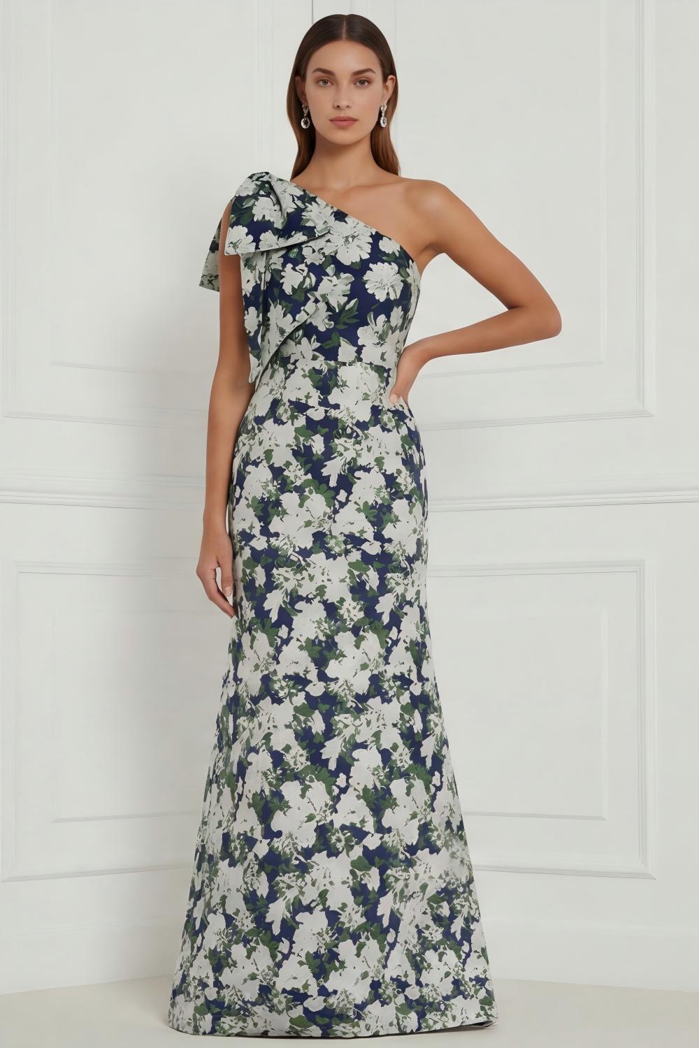 Robe longue de demoiselle d'honneur asymétrique à imprimé sirène à fleur bleue et blanche avec nœud