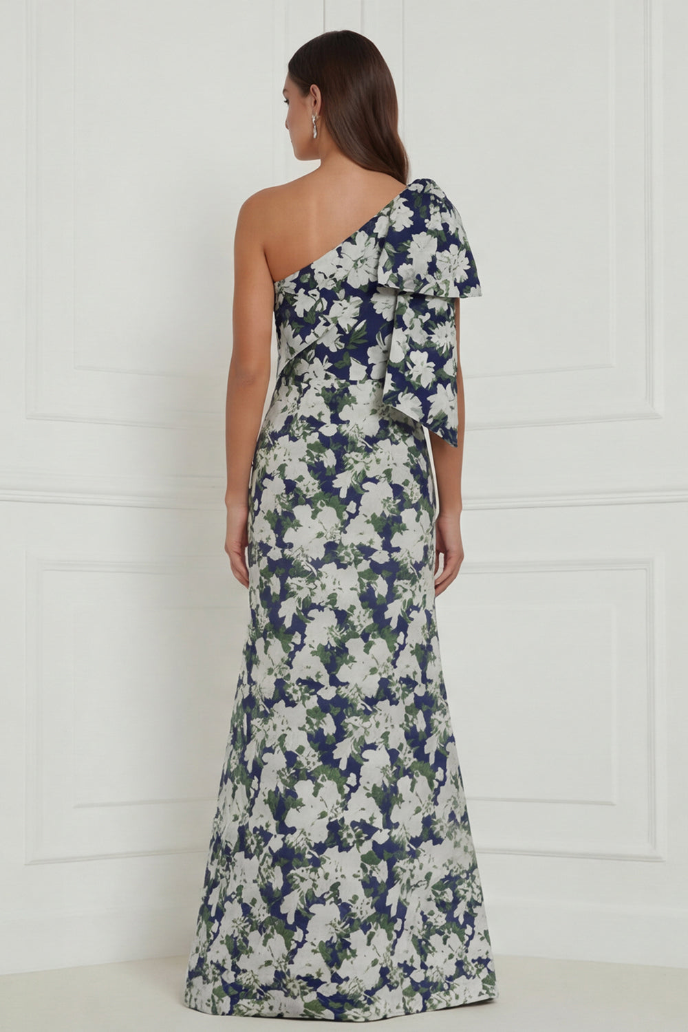 Robe longue de demoiselle d'honneur asymétrique à imprimé sirène à fleur bleue et blanche avec nœud