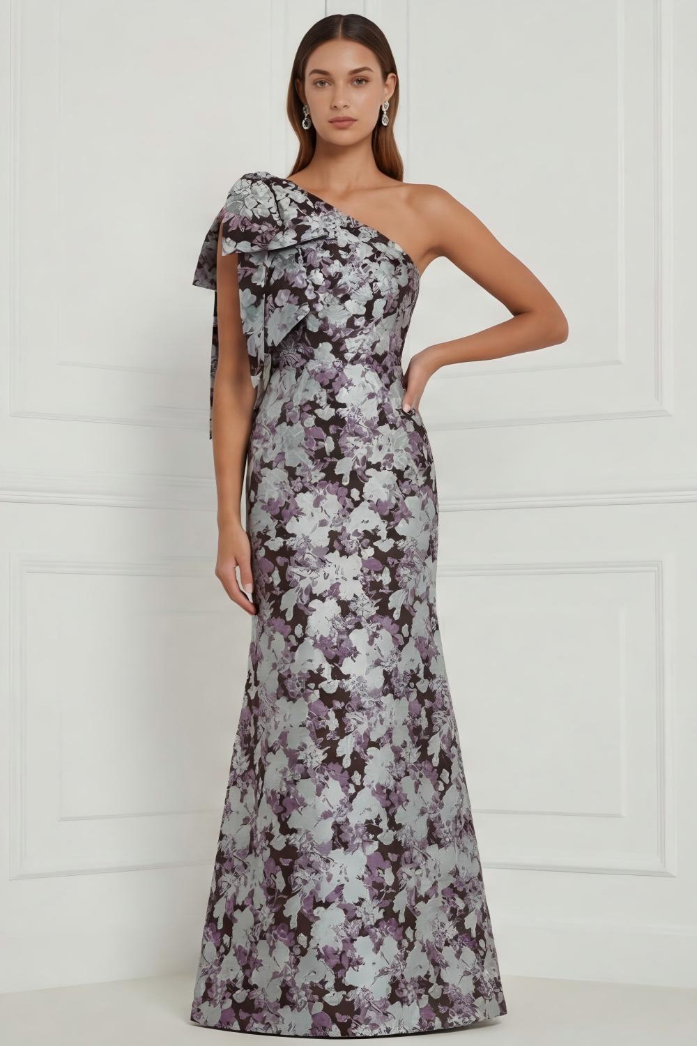 Robe longue de demoiselle d'honneur asymétrique à imprimé sirène à fleur bleue et blanche avec nœud