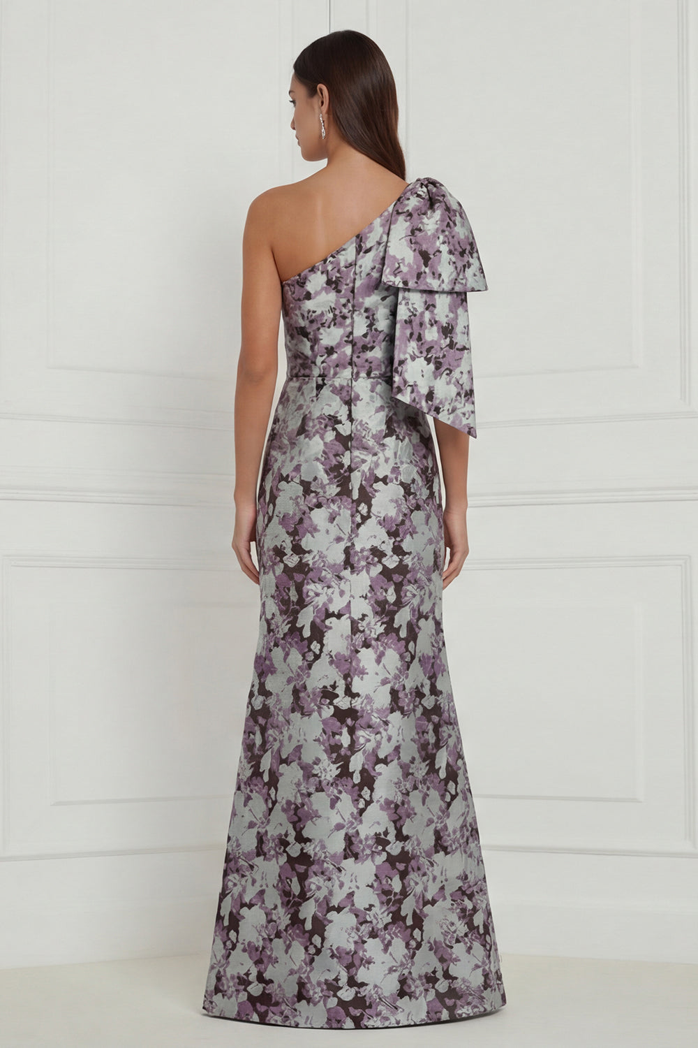 Robe longue de demoiselle d'honneur asymétrique à imprimé sirène à fleur bleue et blanche avec nœud