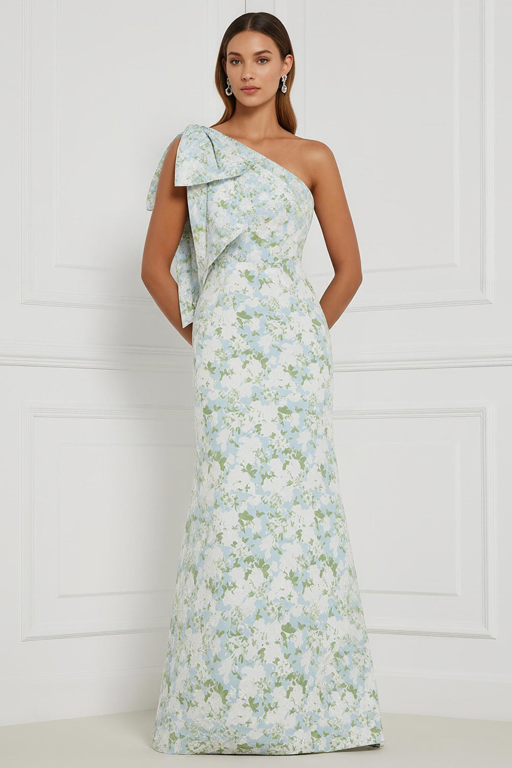 Robe longue de demoiselle d'honneur asymétrique à imprimé sirène à fleur bleue et blanche avec nœud
