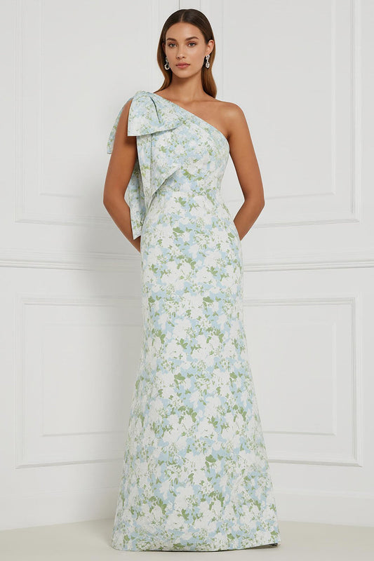 Blue White Flower Mermaid One-Shoulder Print Long Bridesmaid Dress with Bow
