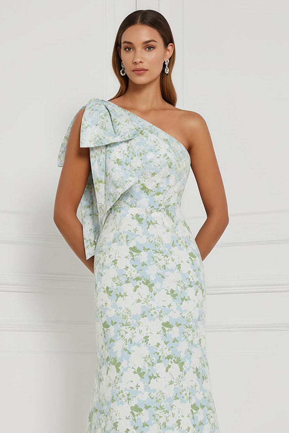 Robe longue de demoiselle d'honneur asymétrique à imprimé sirène à fleur bleue et blanche avec nœud