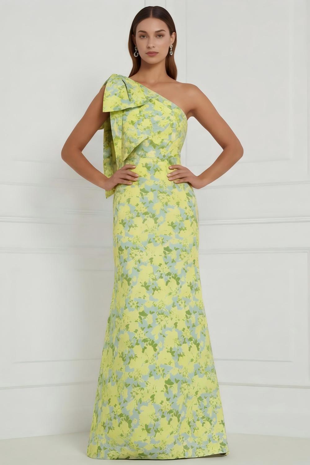 Robe longue de demoiselle d'honneur asymétrique à imprimé sirène à fleur bleue et blanche avec nœud