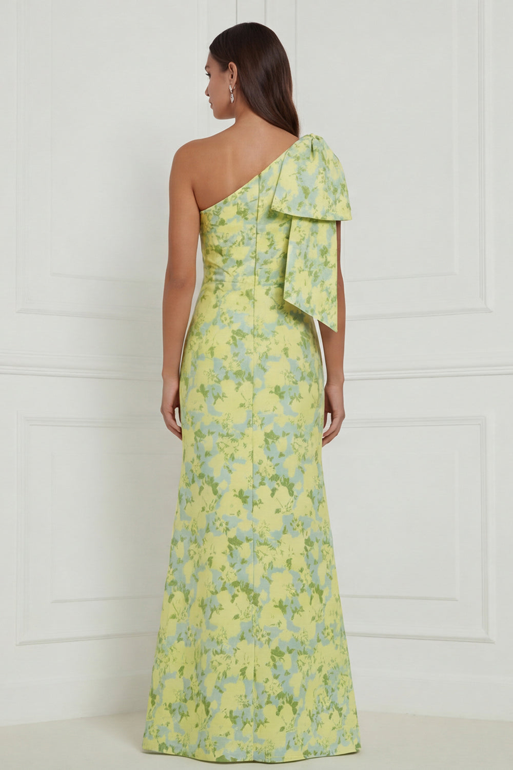 Robe longue de demoiselle d'honneur asymétrique à imprimé sirène à fleur bleue et blanche avec nœud