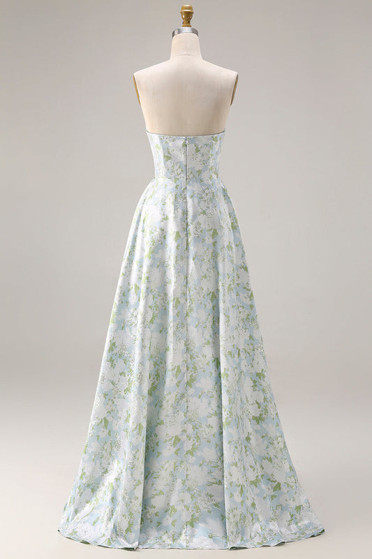 Blue White Floral Strapless Print A-Line Long Satin Dress with Pockets