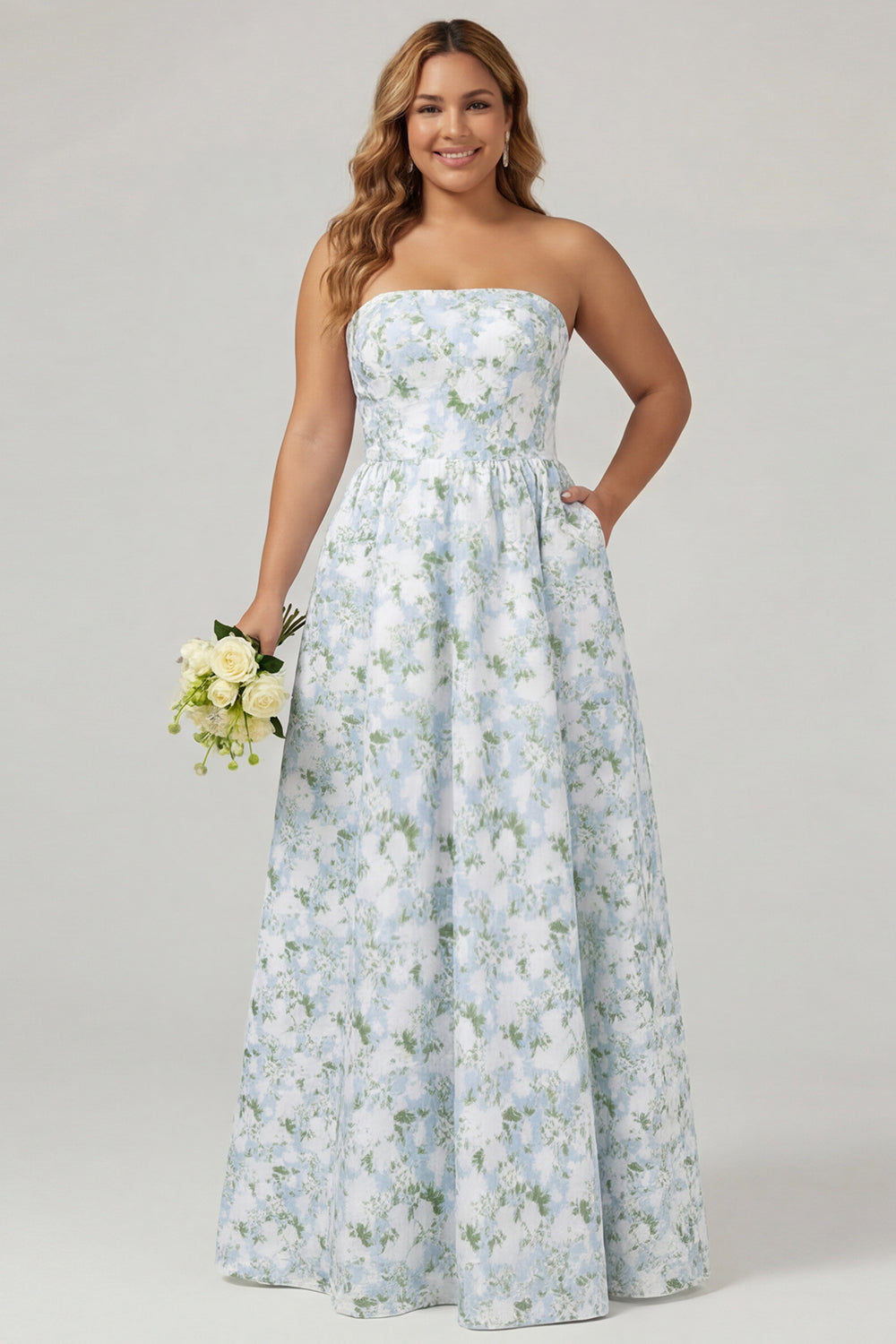 Strapless Blue White Floral Print A-Line Long Satin Plus Size Bridesmaid Dress with Pockets