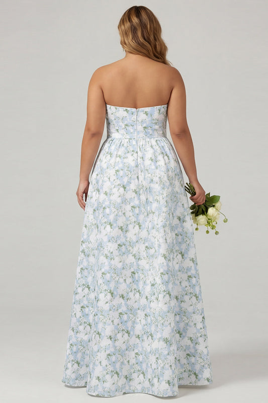 Strapless Blue White Floral Print A-Line Long Satin Plus Size Bridesmaid Dress with Pockets