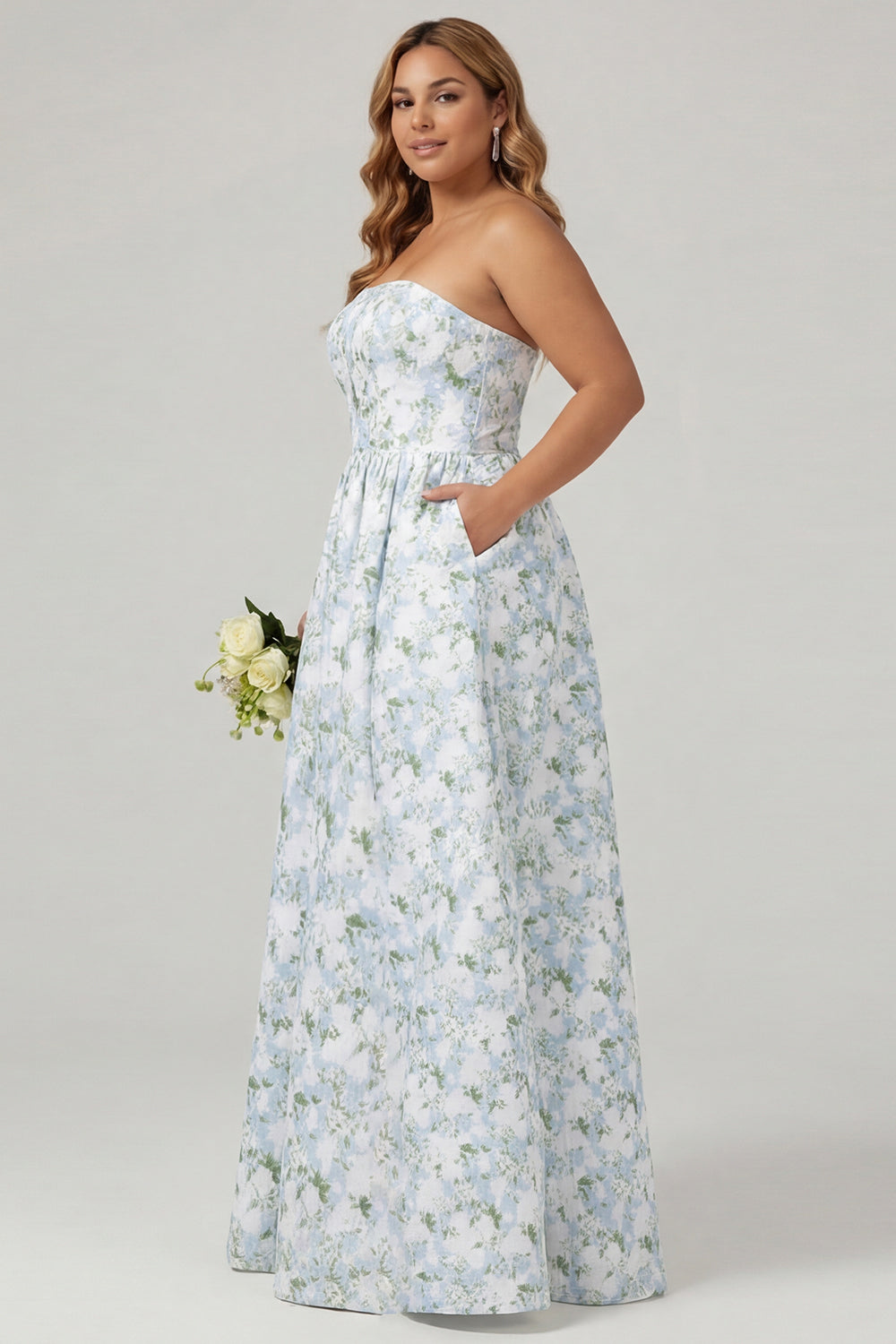 Strapless Blue White Floral Print A-Line Long Satin Plus Size Bridesmaid Dress with Pockets