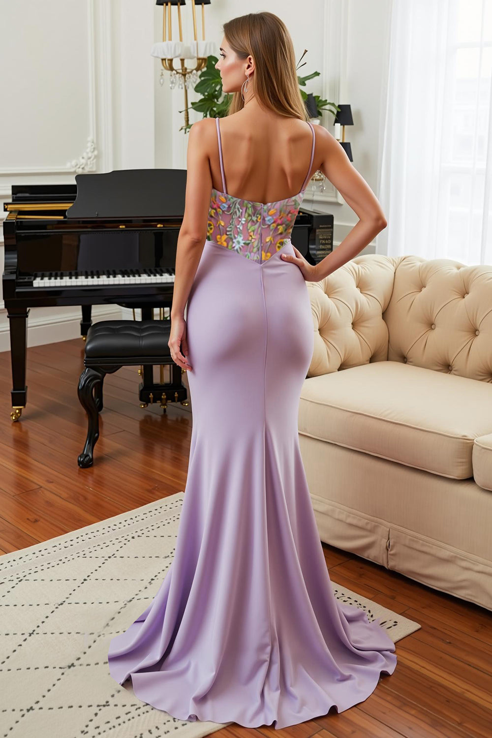 Robe de bal sirène lilas florale à fines bretelles