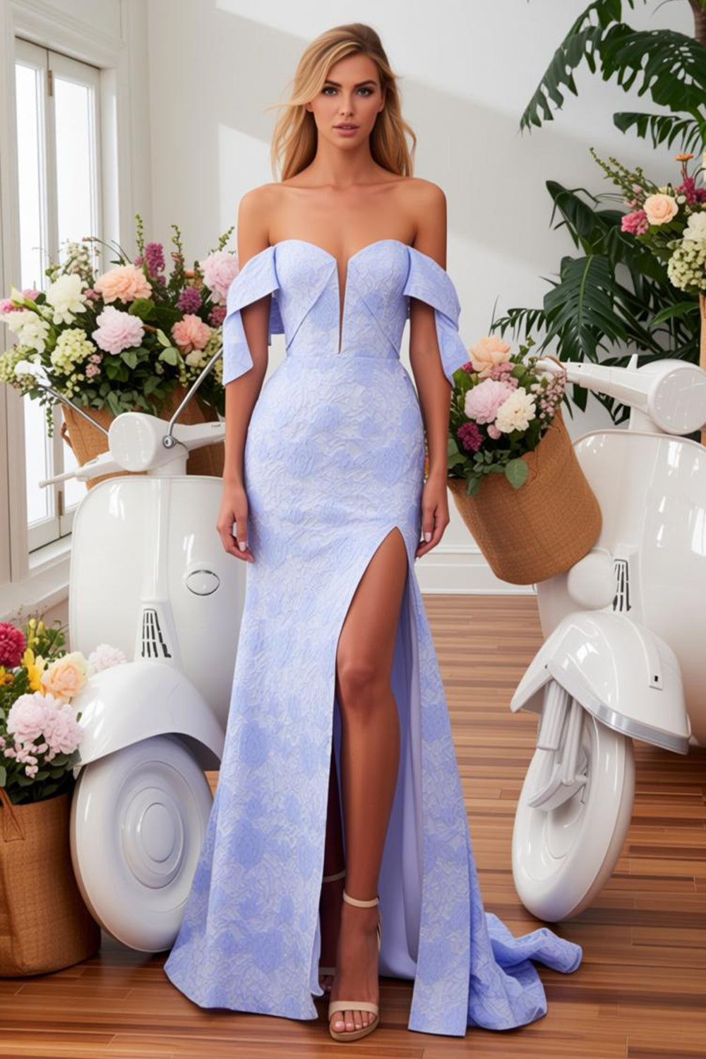 Robe de bal sirène bleue imprimée avec épaule dénudée et fente