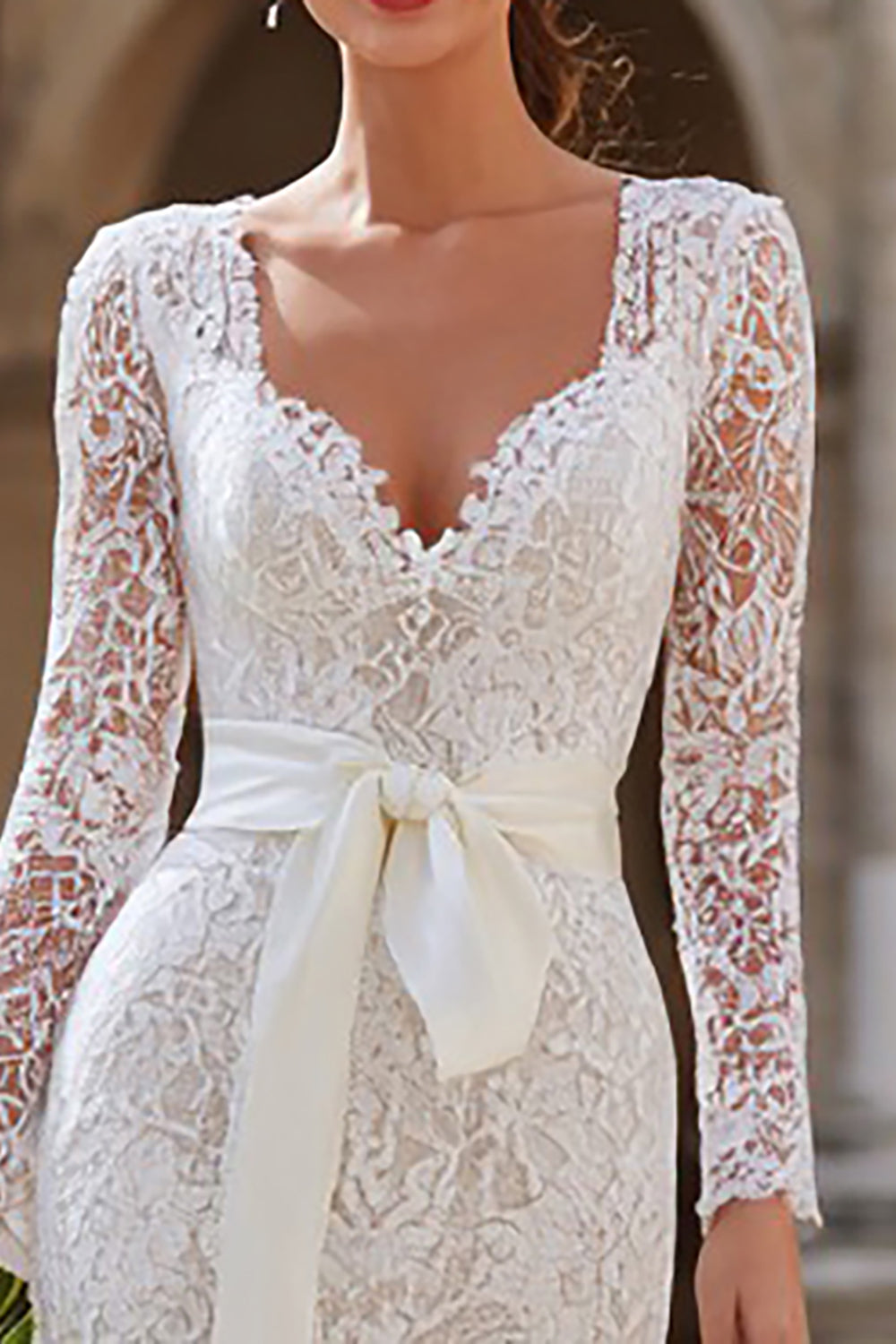 Ivory Lace Bodycon Long Sleeve Midi Engagement Dress with Sash