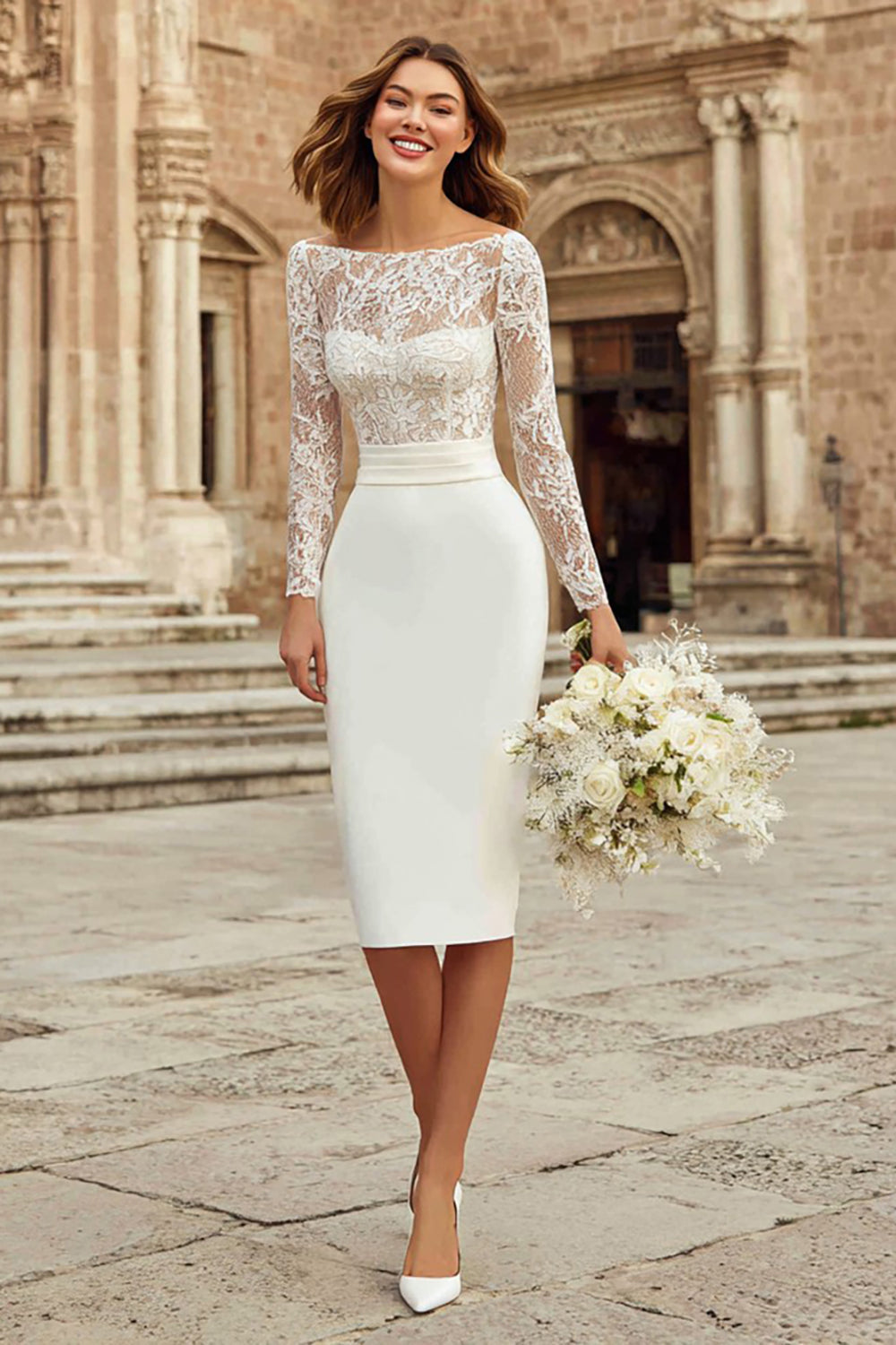 Ivory Bodycon Bateau Neck Midi Engagement Dress with Lace