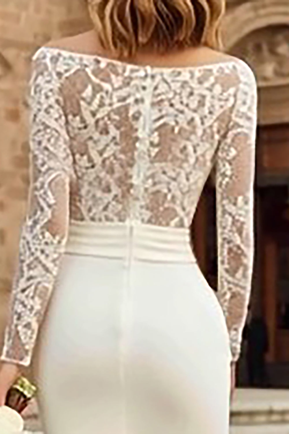 Ivory Bodycon Bateau Neck Midi Engagement Dress with Lace