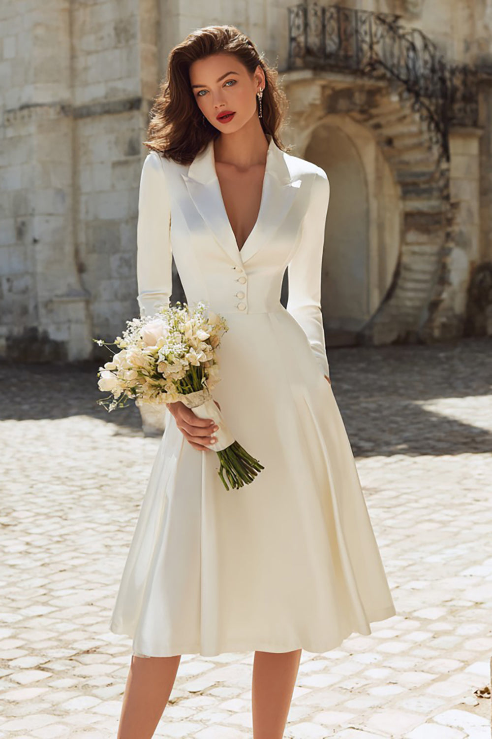 Ivory Satin Peaked Lapel A-Line Midi Engagement Dress