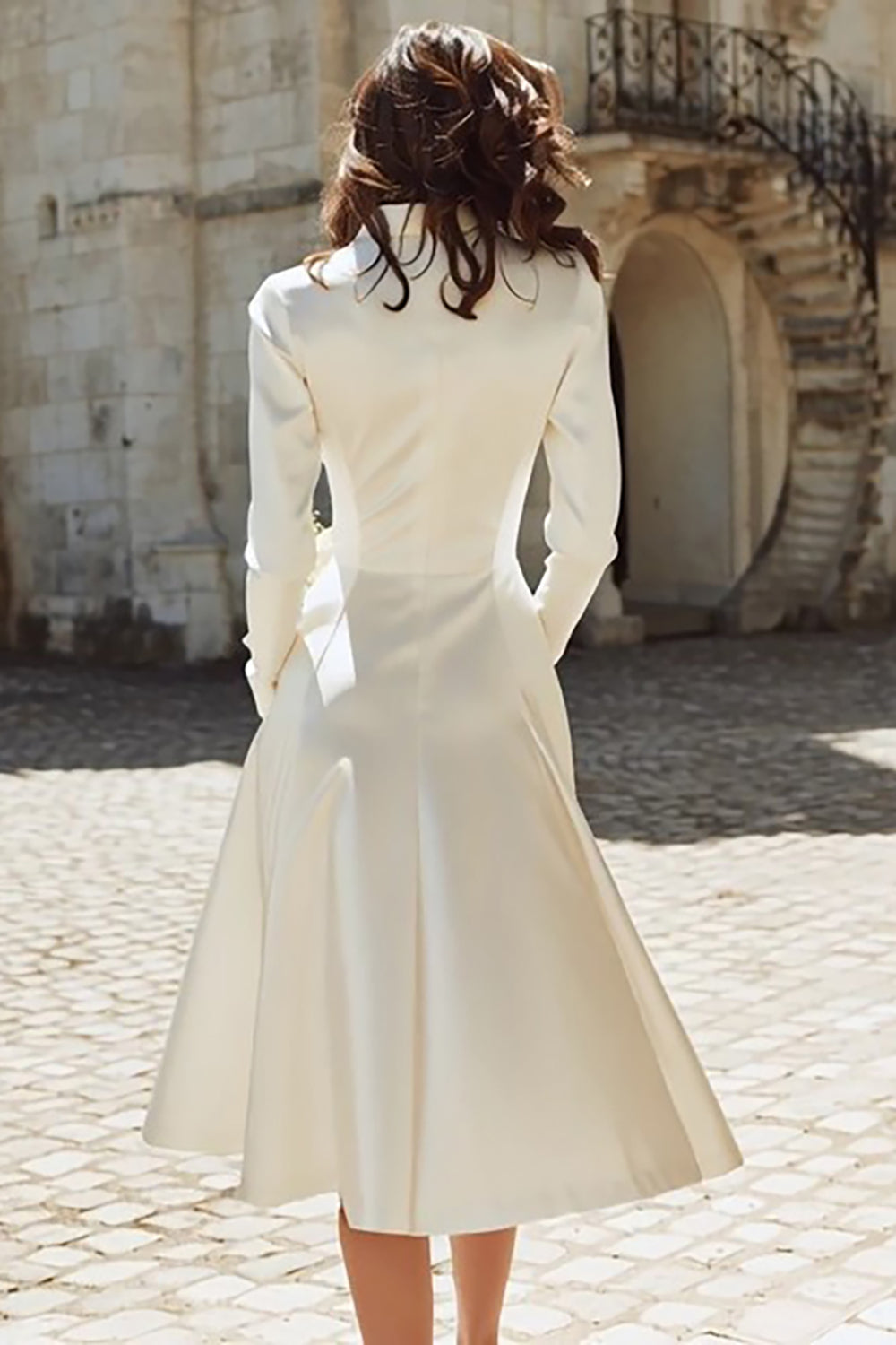 Ivory Satin Peaked Lapel A-Line Midi Engagement Dress