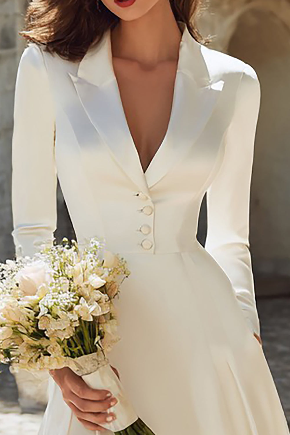 Ivory Satin Peaked Lapel A-Line Midi Engagement Dress