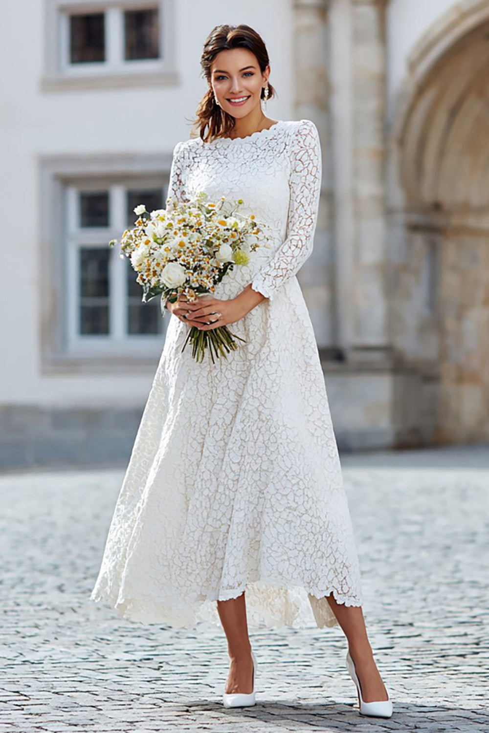 Ivory Lace A Line Long Wedding Reception Dress with Long Sleeves