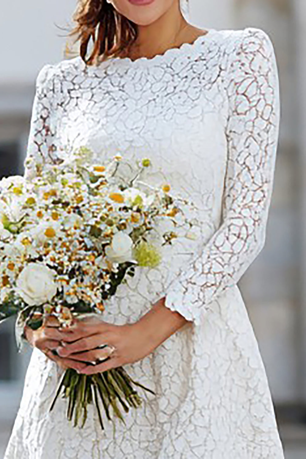 Ivory Lace A Line Long Wedding Reception Dress with Long Sleeves